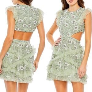 Mac Duggal 35101 Embellished Jewel Neck Tulle Ruffle Mini Dress Side Cut Out